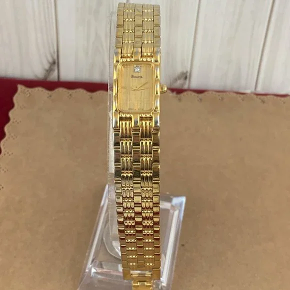 Vintage Bulova Diamond Tank Style Watch Gold over Stainless Steel Link Bracelet - Picture 2 of 7